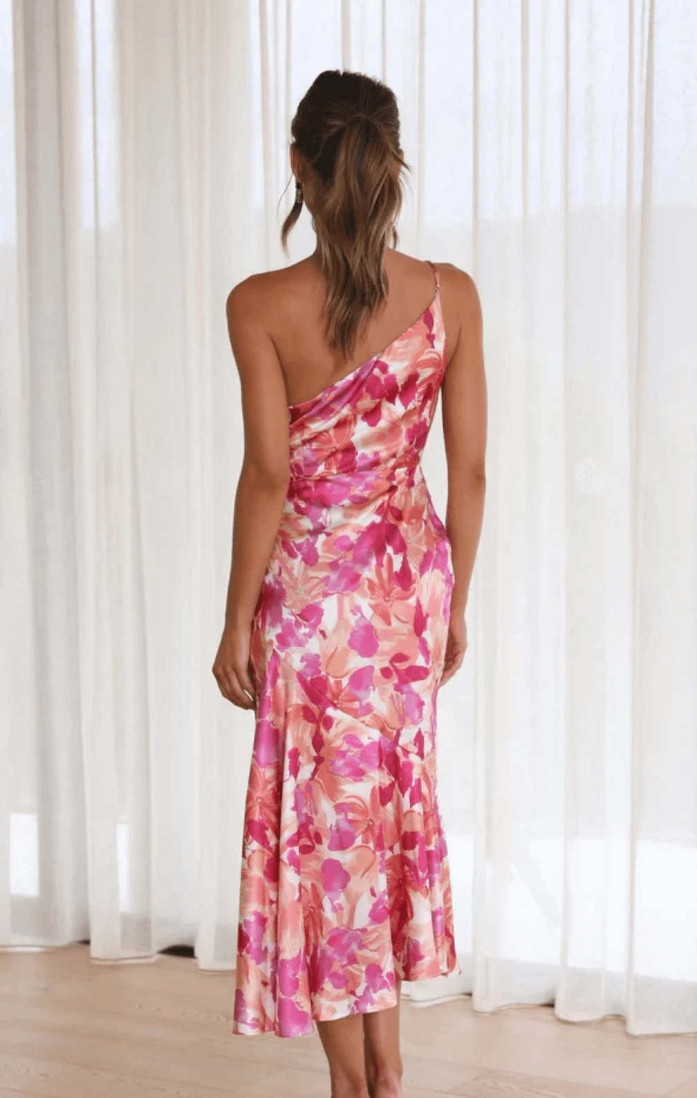 Sophie One-Shoulder Floral Midi Summer Dress in Polyester