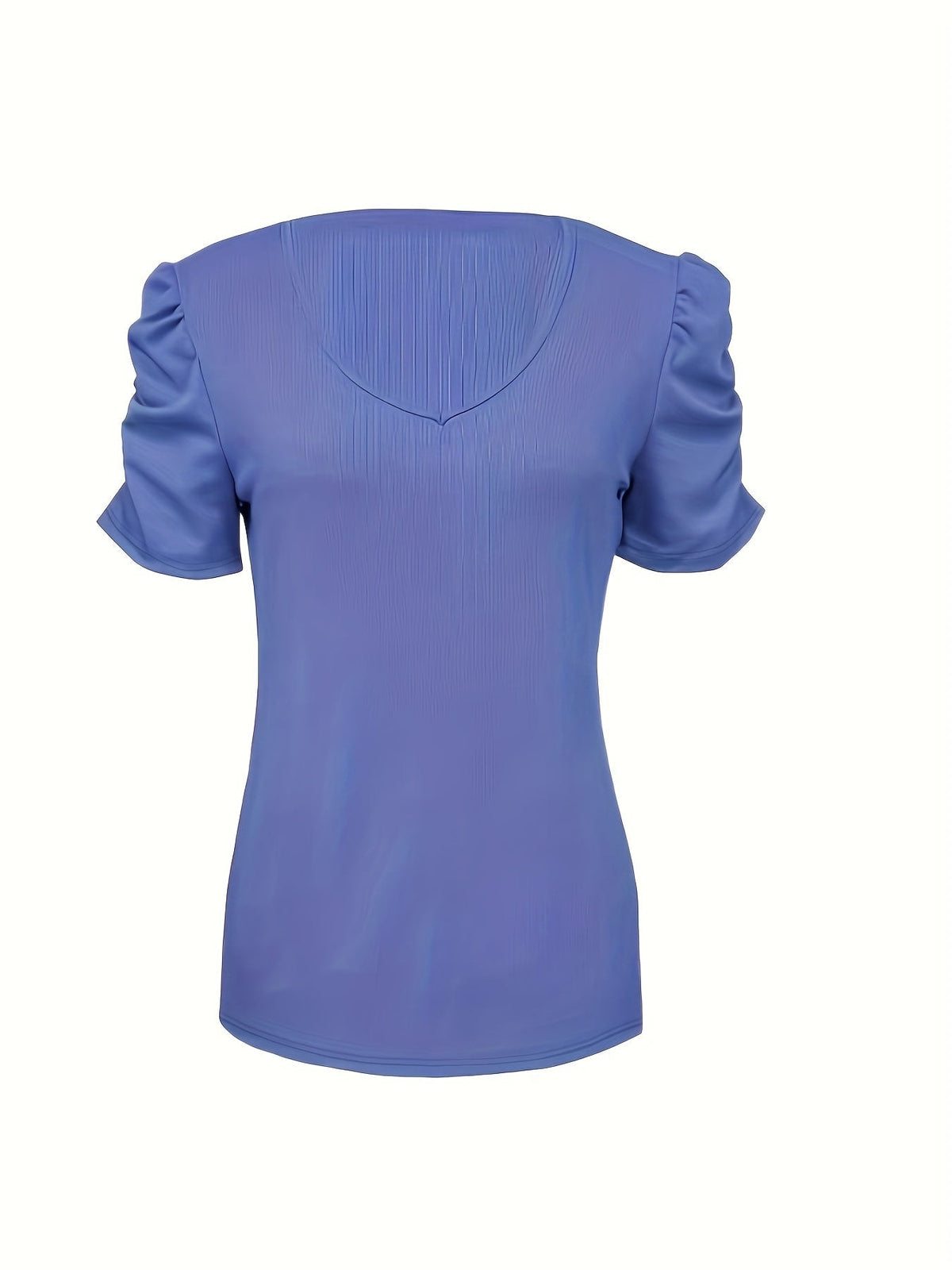 Rica Casual Ribbed V-Neck Top with Ruched Short Puff Sleeves