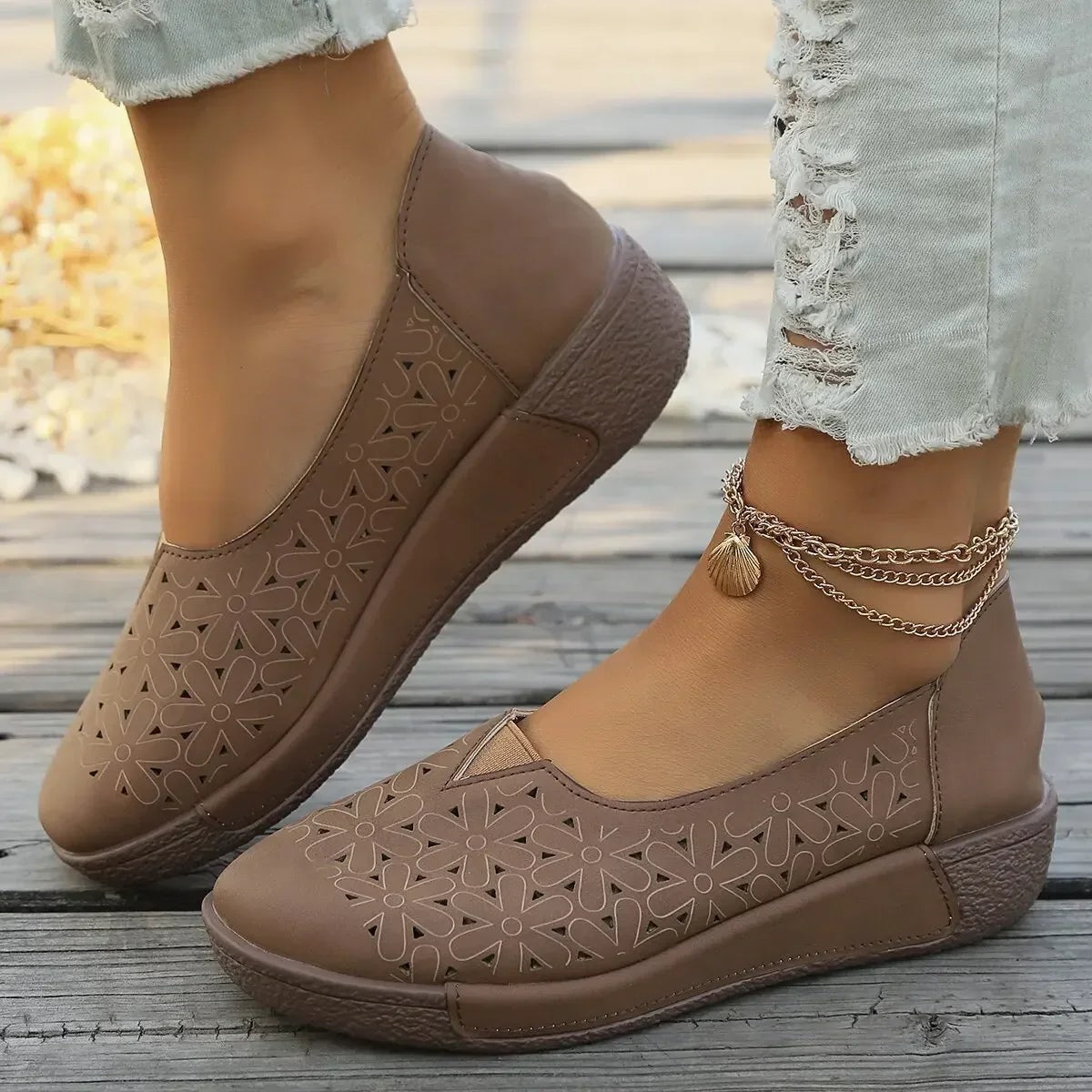 Slip-On Wedge Loafers with Floral Cut-Out Detail and Orthopedic Insole