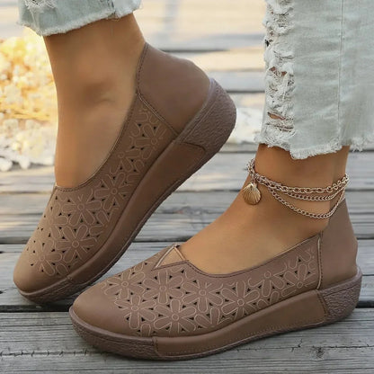 Slip-On Wedge Loafers with Floral Cut-Out Detail and Orthopedic Insole