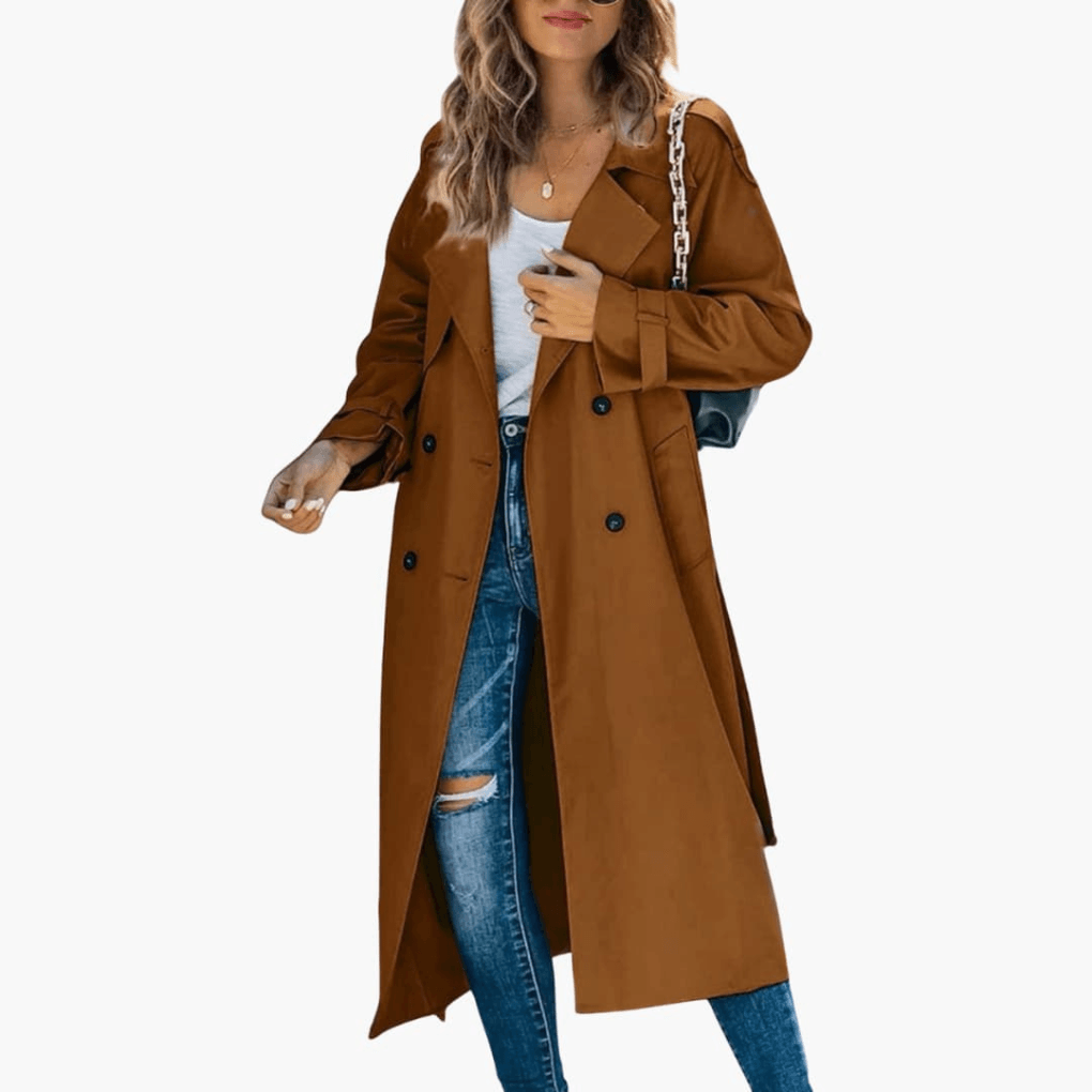 Double-Breasted Trench Coat with Adjustable Cuffs and Belted Waist
