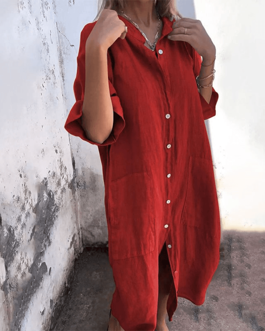 Valerie Button-Up Summer Midi Shirt Dress with Half Sleeves and Patch Pockets