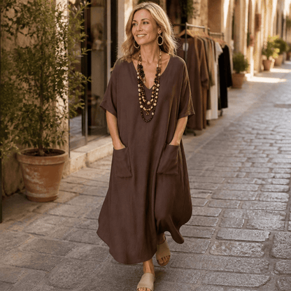 Marisole Loose-Fit V-Neck Maxi Dress with Deep Pockets and Side Slits