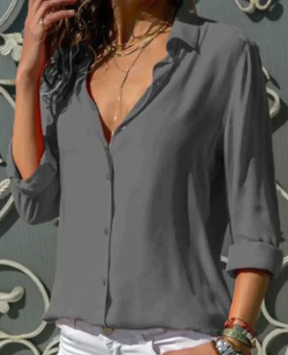 Julia Satin Button-Up Women's Long Sleeve Blouse with Collared V-Neck