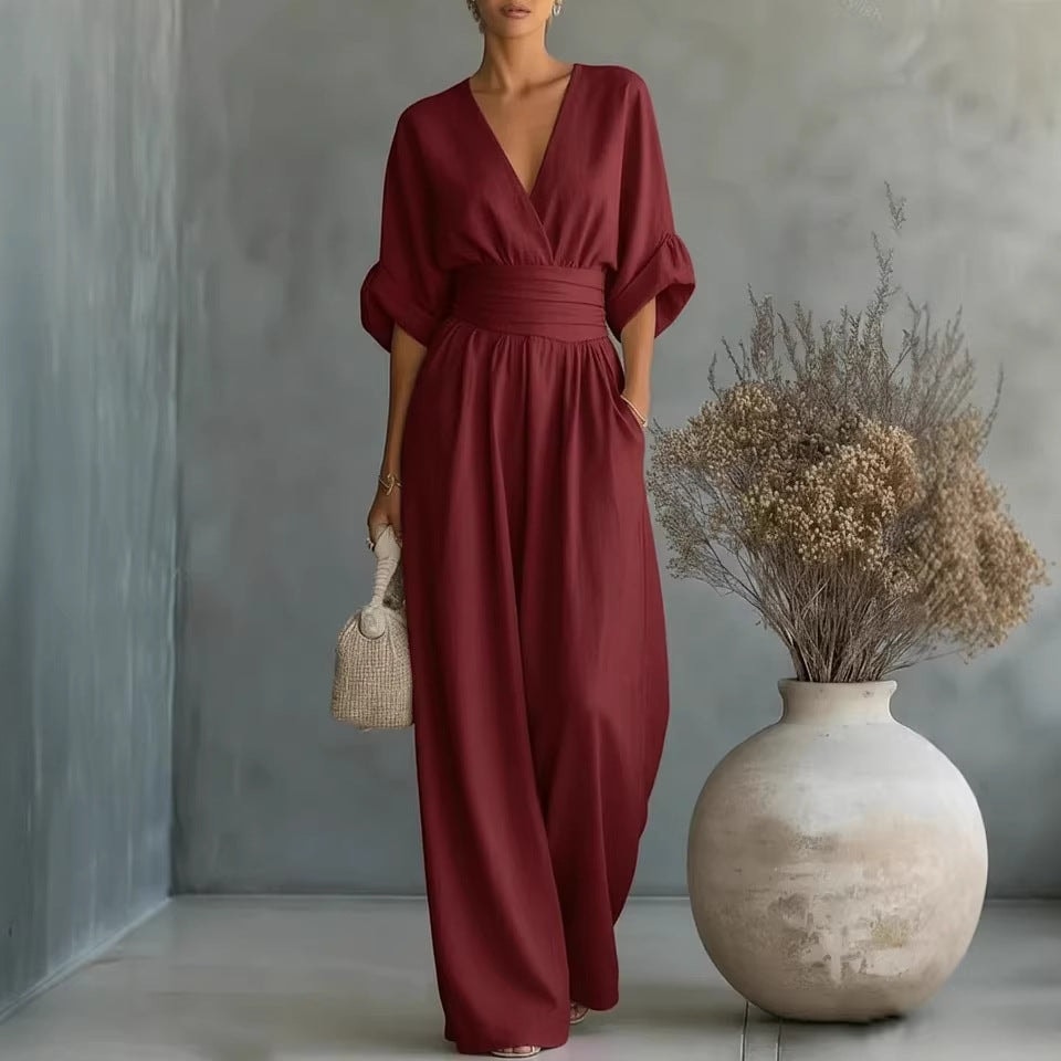 Sophia Merriweather Wide-Leg Linen Jumpsuit with Wrap Waist Tie