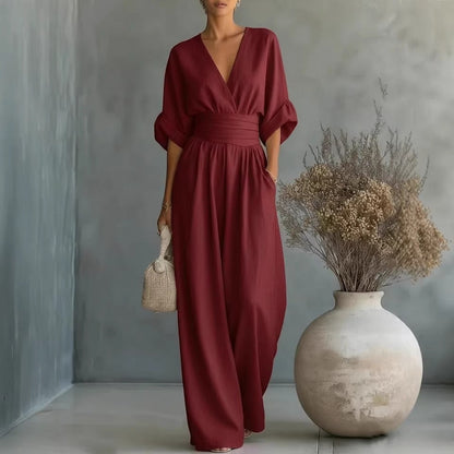 Sophia Merriweather Wide-Leg Linen Jumpsuit with Wrap Waist Tie