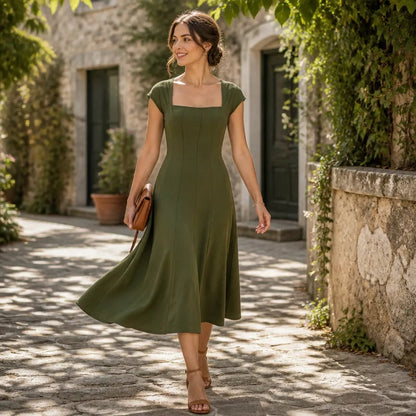 Elowyn Square Neck A-Line Women's Midi Dress with Sculpted Waist Seams
