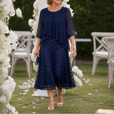 Elavine Layered Chiffon Lace Overlay Women's Midi Dress with Sheer Sleeves