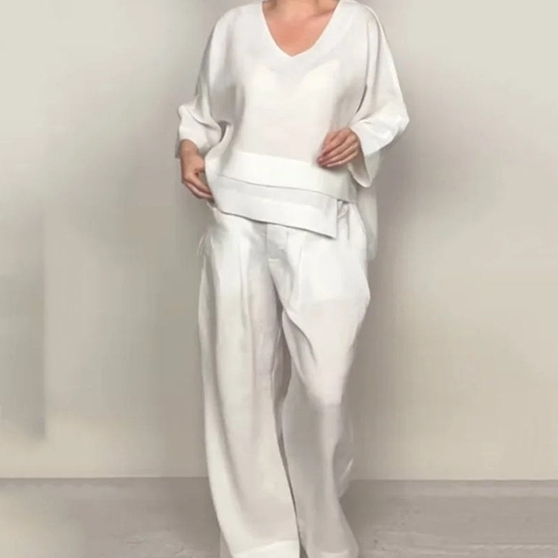 Cotton Linen Matching Two-Piece Set with V-Neck Top and Wide-Leg Pants