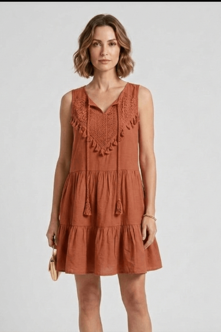 Women's Sleeveless Mini Summer Dress with Tassel Tie V-Neck and Tiered Skirt