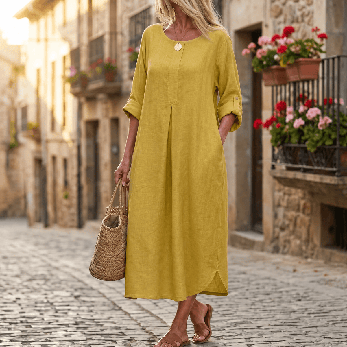 Women's Linen Summer Midi Dress with Roll-Up Sleeves and Side Pockets