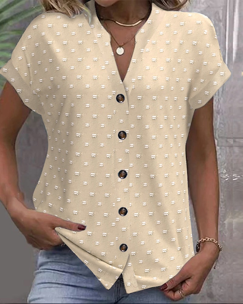 Amarys Printed Button-Down V-Neck Top with Short Sleeves