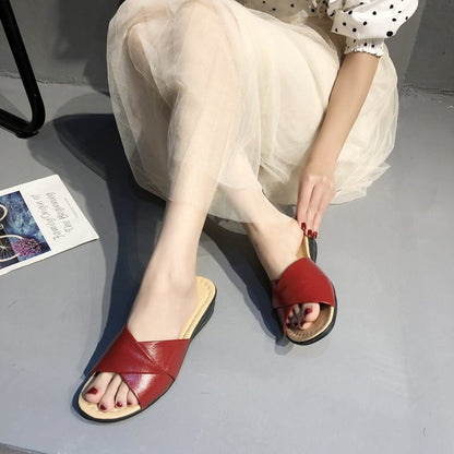 Comfortable Slide Sandals with Crossed Straps and Low Wedge Heel