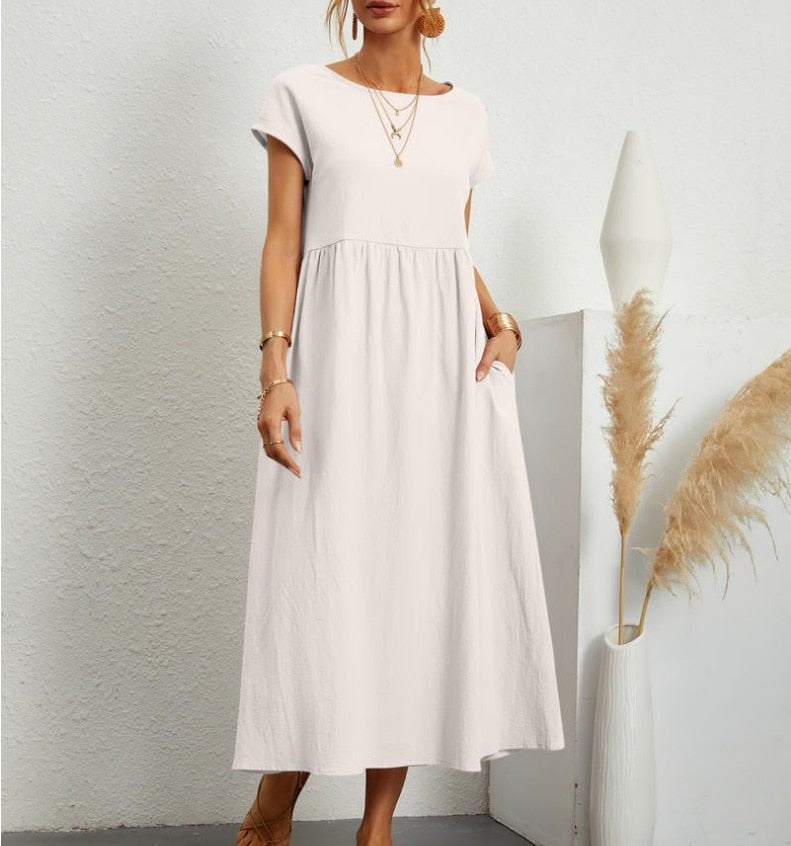 Cotton Blend Women's Midi Dress with Pockets and Cap Sleeves