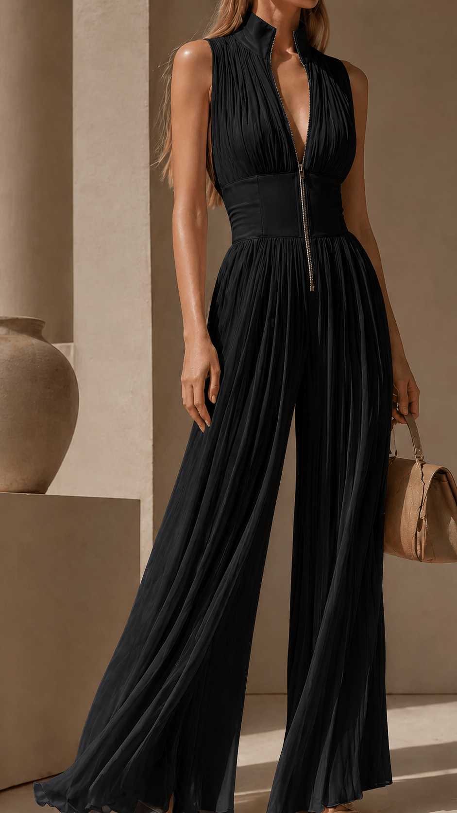 Women's Sleeveless Pleated Wide-Leg Linen Jumpsuit with Zip Front