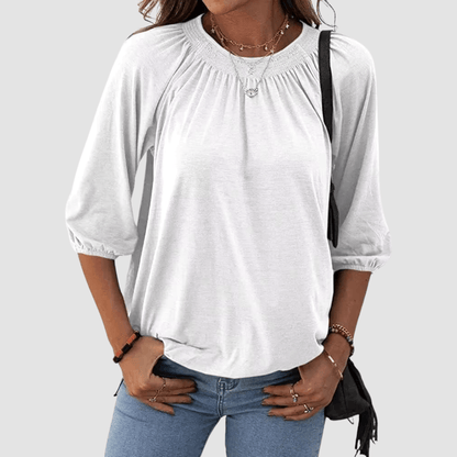 Women's Loose-Fit Shirred Neck Top with Balloon Sleeves