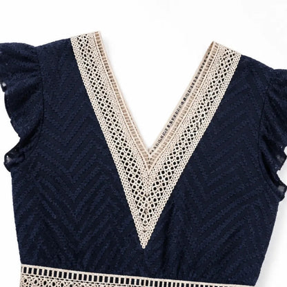 Crochet V-Neck Flutter Sleeve Chevron Women's Midi Sundress