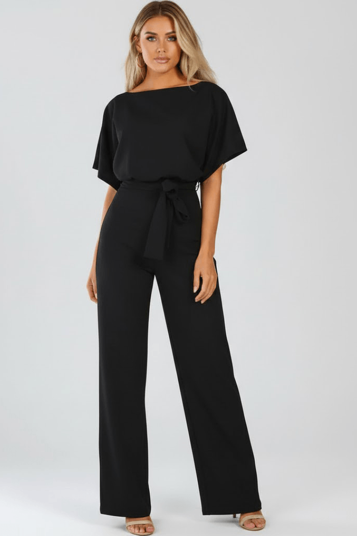 Women's Wide-Leg Linen Jumpsuit with Tie Waist and Belt Detail