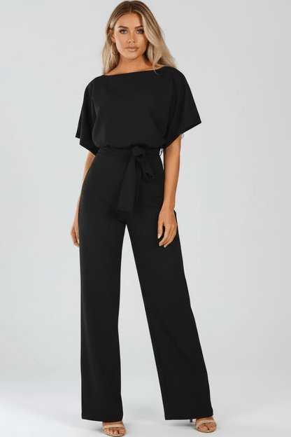 Women's Wide-Leg Linen Jumpsuit with Tie Waist and Belt Detail