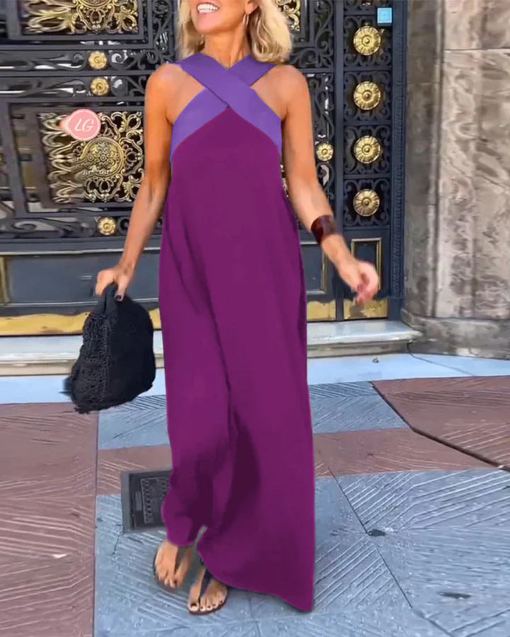 Sleeveless Crossover Halter Linen Summer Maxi Dress with Flowing Skirt