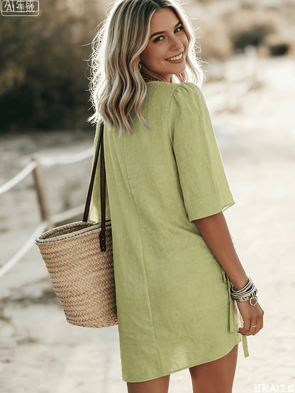 Women's Wrap-Front Twist Waist Linen Blend Mini Dress