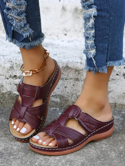 Aria Orthopedic Wedge Sandals with Cutout Crisscross Straps and Adjustable Closure