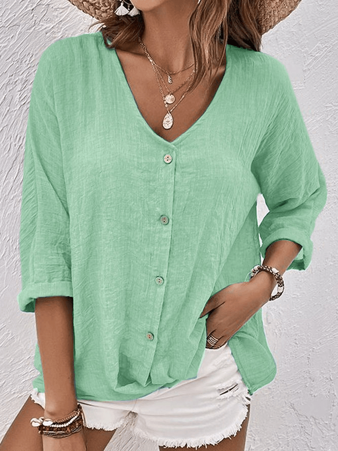 Ava V-Neck Button-Up Linen Blouse with Long Sleeves for Women