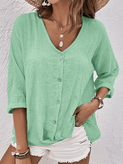 Ava V-Neck Button-Up Linen Blouse with Long Sleeves for Women