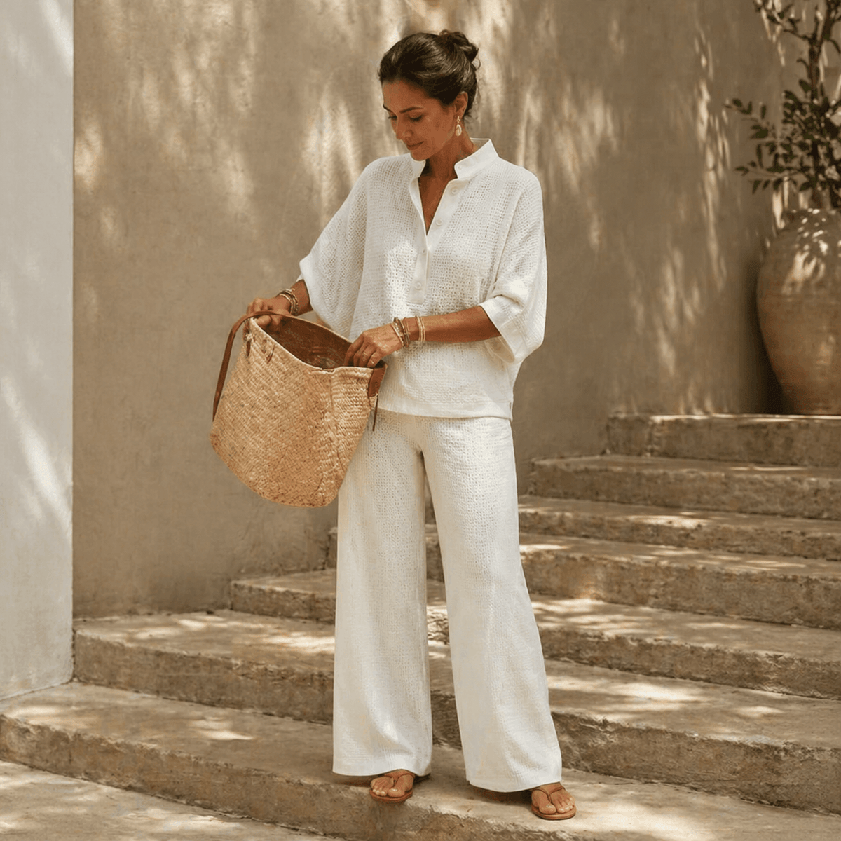 Vienelle Waffle-Knit Two-Piece Lounge Set with Wide-Leg Pants