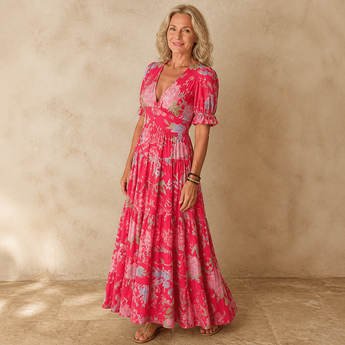 Minelda Floral Tiered V-Neck Women's Summer Maxi Dress with Flutter Sleeves and Belted Waist