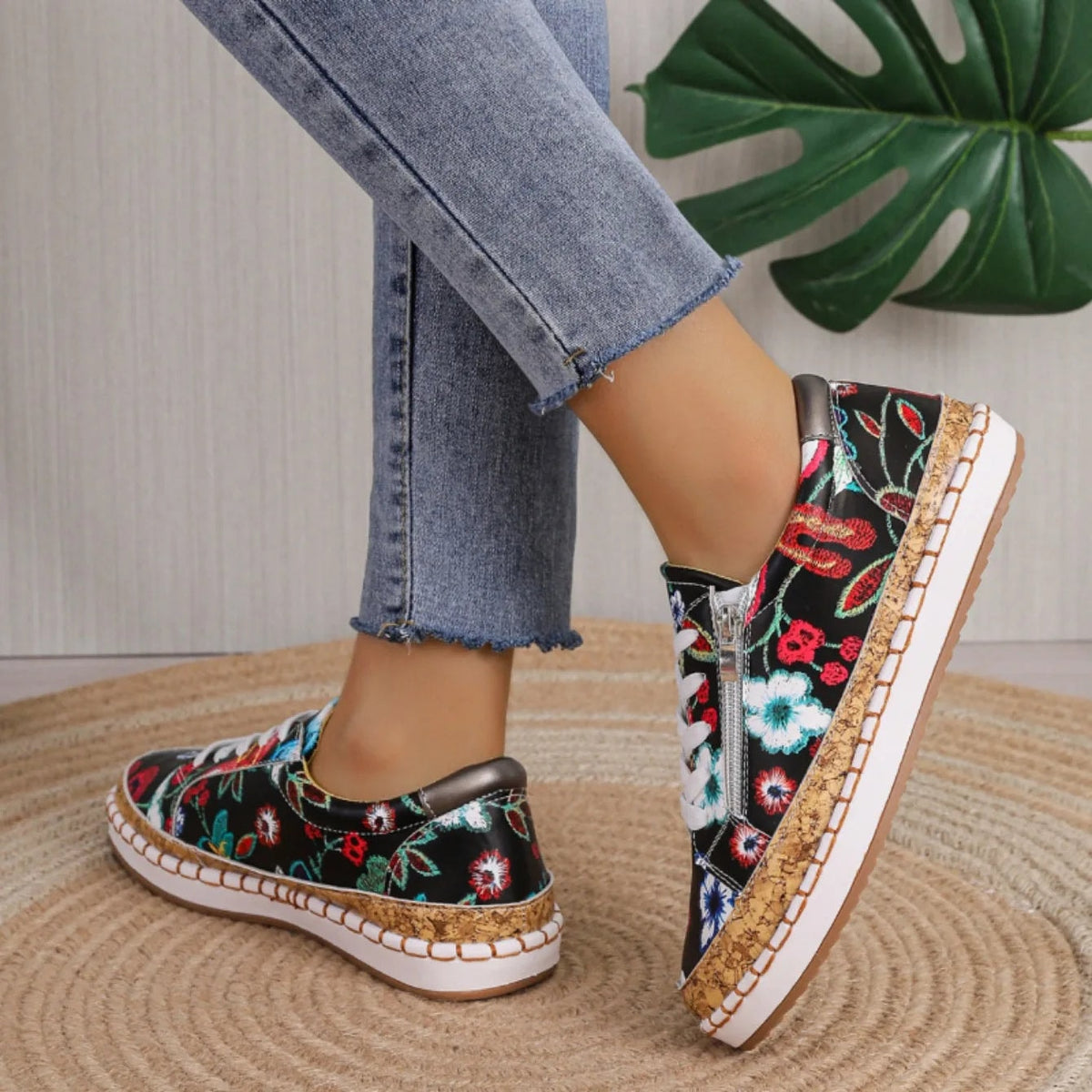 Women's Floral Embroidered Lace-Up Espadrille Sneakers with Cork Sole and Side Zip