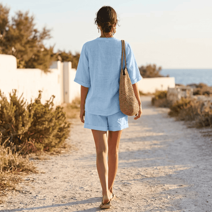 Women's V-Neck Linen-Look Top and Shorts Two Piece Set