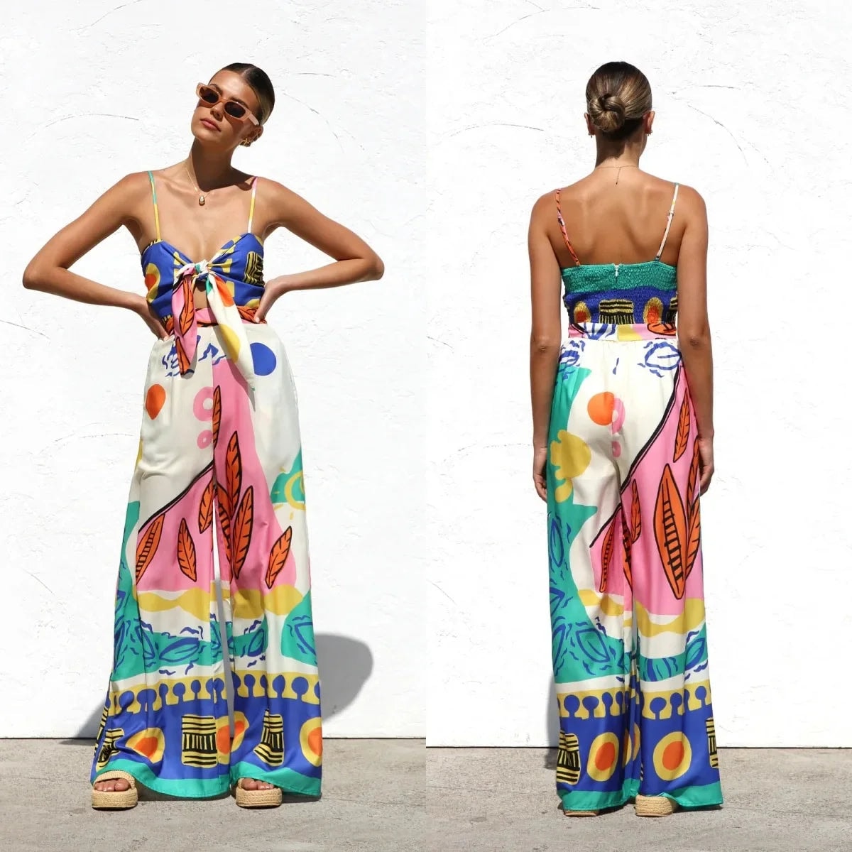 Women's Tie-Front Wide-Leg Linen-Blend Jumpsuit with Side Pockets