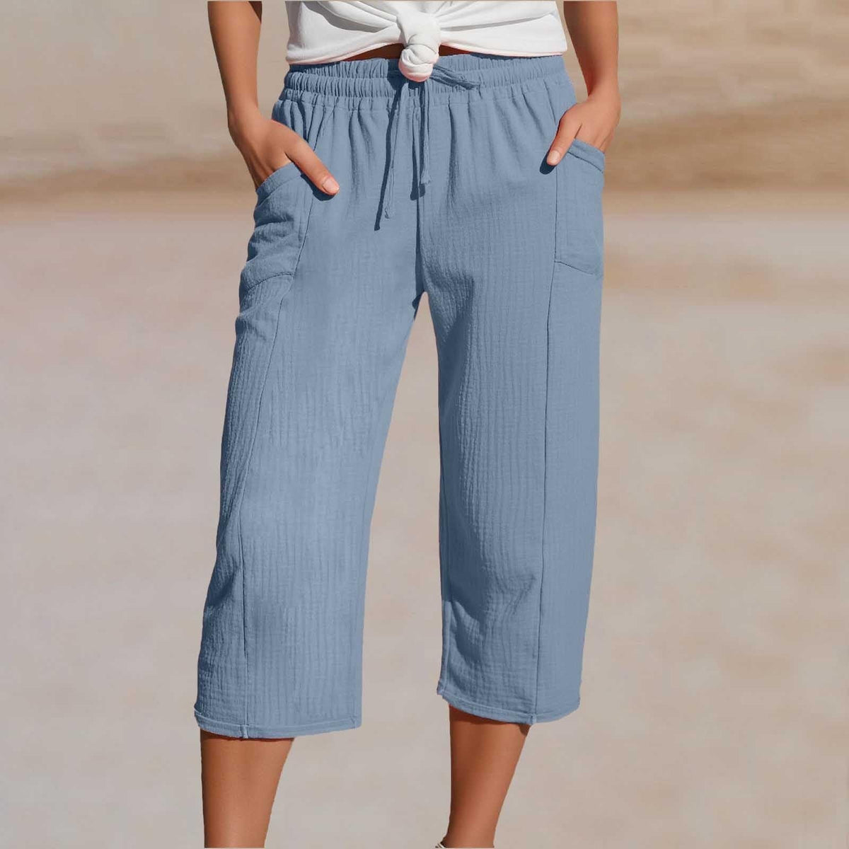 Women's Cotton Linen Cropped Wide-Leg Pants with Drawstring Waist