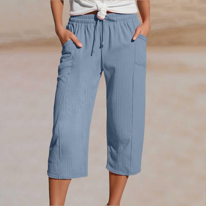 Women's Cotton Linen Cropped Wide-Leg Pants with Drawstring Waist