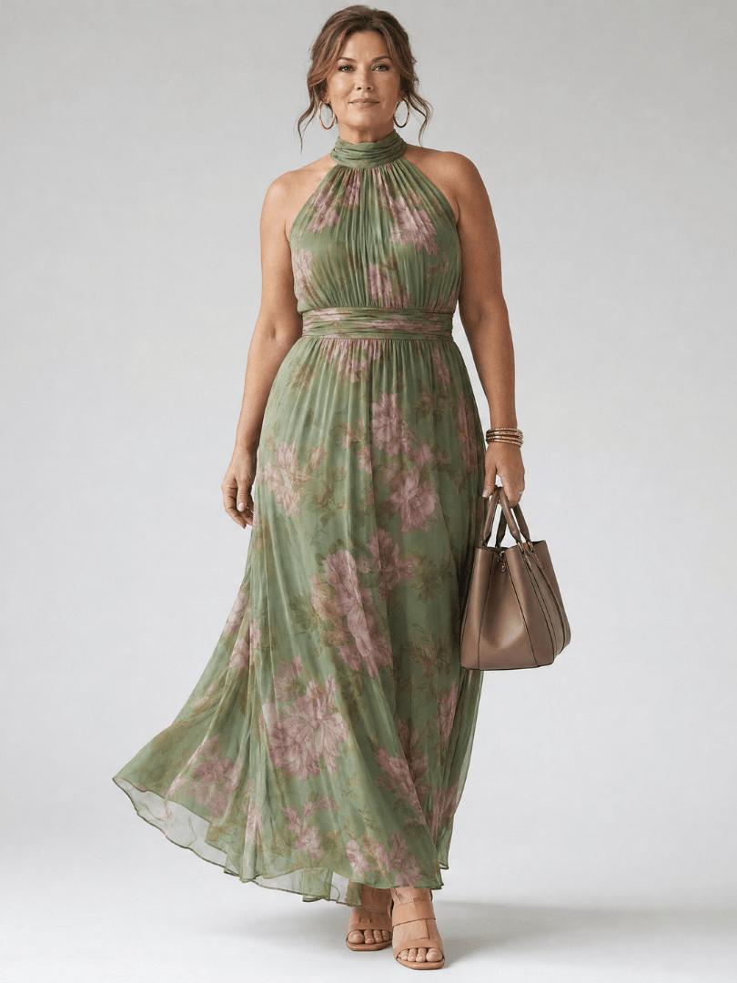 Floral Halter-Neck Summer Maxi Dress with Cinched Waist for Women