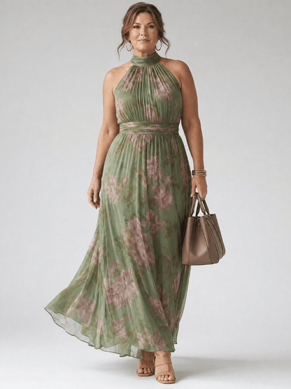Floral Halter-Neck Summer Maxi Dress with Cinched Waist for Women
