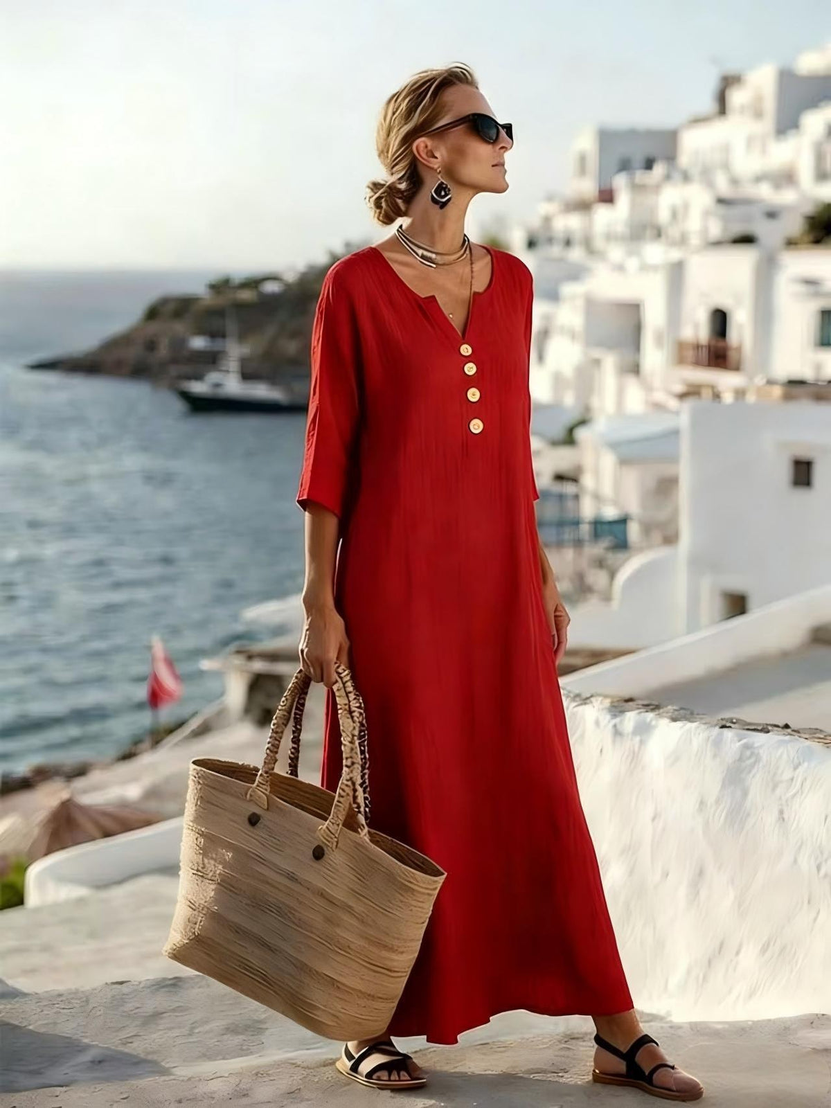 Veltara Linen Summer Maxi Dress with 3/4 Sleeves and Button Placket