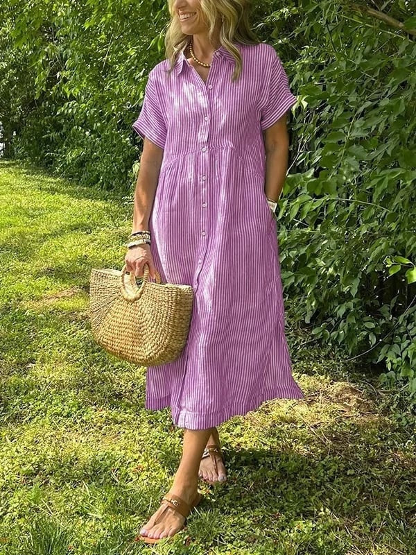Women's Striped Cotton Shirt Collar Midi Dress with Short Sleeves