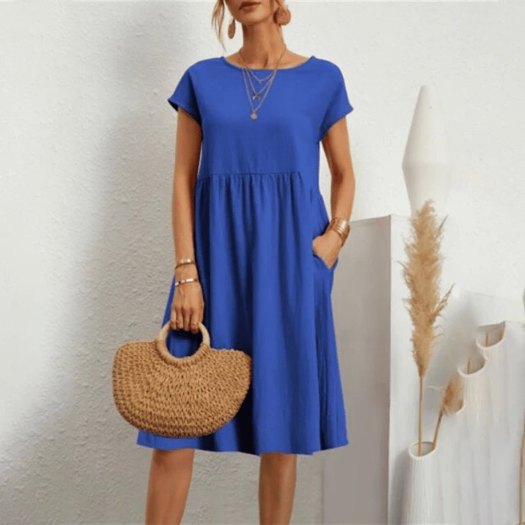 Savanna Relaxed Cotton Blend Women's Midi Dress with Pockets