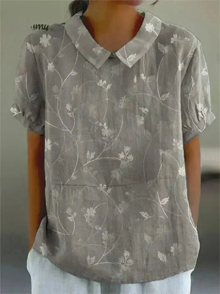 Floral Print Peter Pan Collar Short Sleeve Blouse for Women