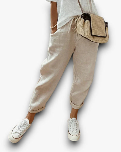 Women's Relaxed Linen Trousers with Elastic Drawstring Waist