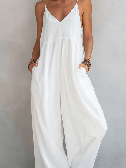Women's Wide-Leg Linen Blend Jumpsuit with Spaghetti Straps