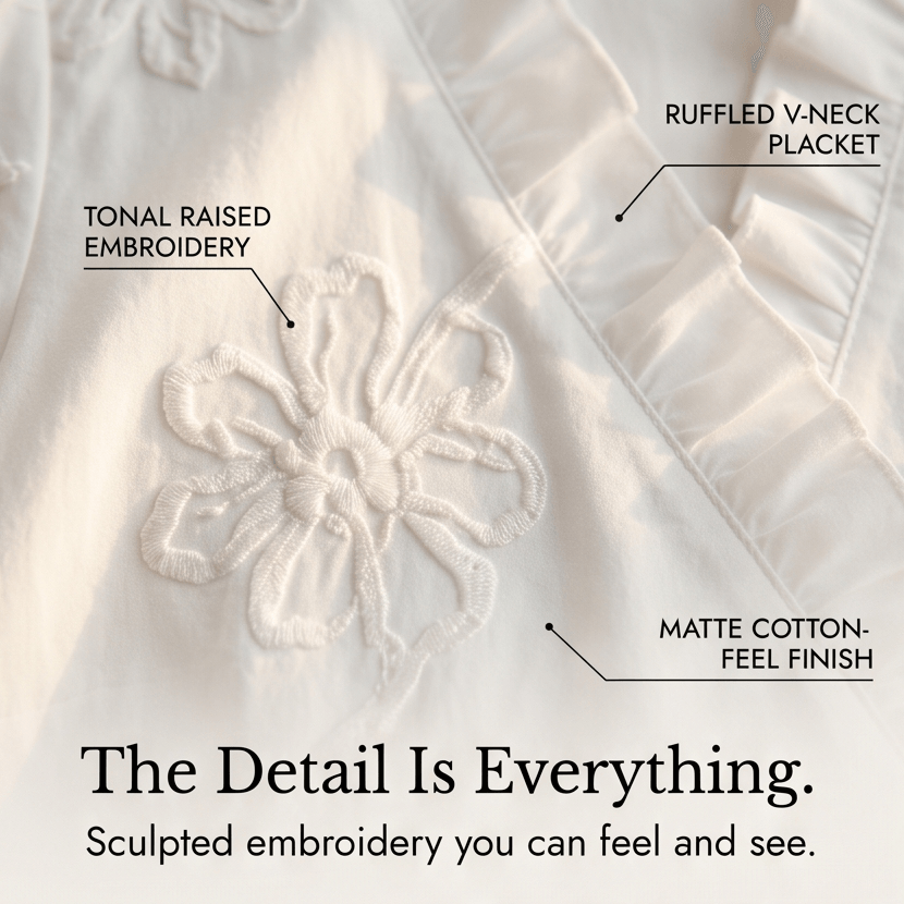 Embroidered Puff Sleeve Ruffled V-Neck Top for Women in Cotton