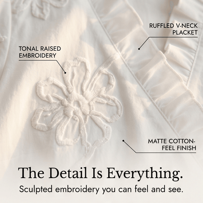 Embroidered Puff Sleeve Ruffled V-Neck Top for Women in Cotton