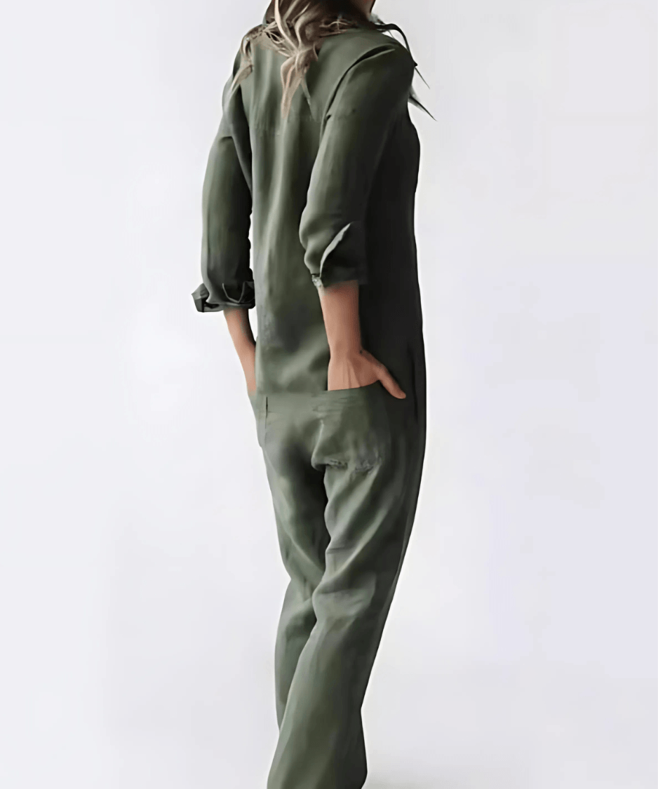 Button-Front Linen Jumpsuit with Pockets for Women