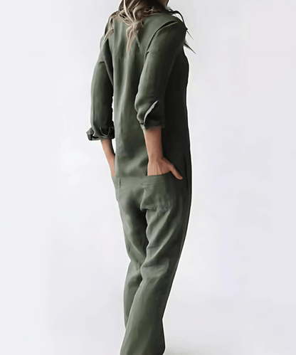 Button-Front Linen Jumpsuit with Pockets for Women