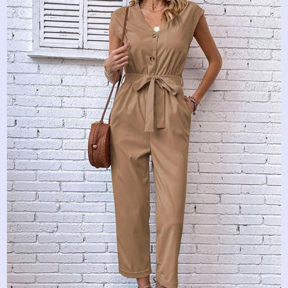 Belted Button-Front Sleeveless Jumpsuit for Women