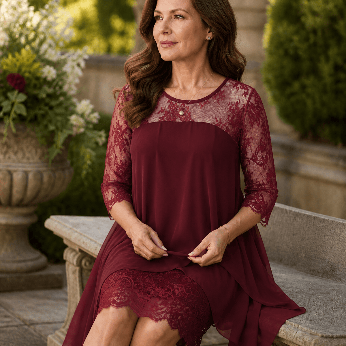 Floral Lace High-Low Midi Dress with Flowy Hem for Women