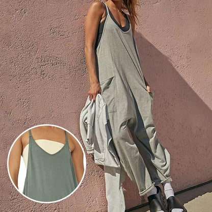 Sarah Slouchy V-Neck Sleeveless Jumpsuit with Oversized Patch Pockets
